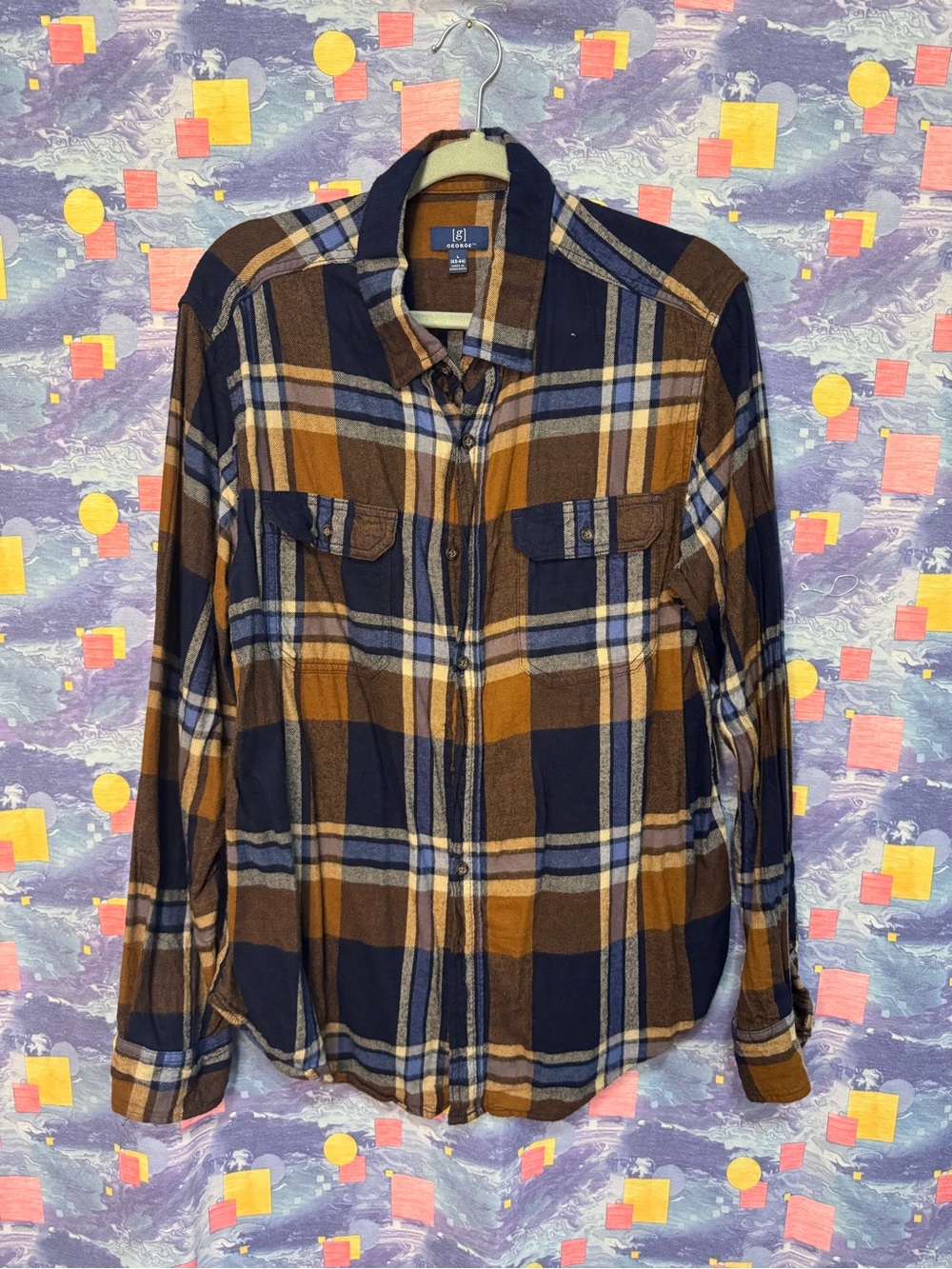 George Navy and Brown Plaid Button-Down Shirt